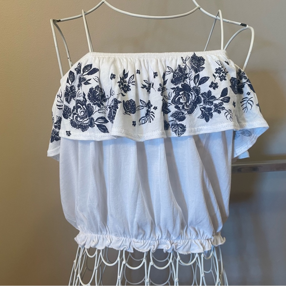 Garage Off-The-Shoulder White Strapless Tube Top with Blue Floral Ruffle, Size L
